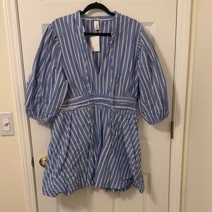 H&M Blue and White Orange Striped Shirt Dress with Bubble Hem Large NWT